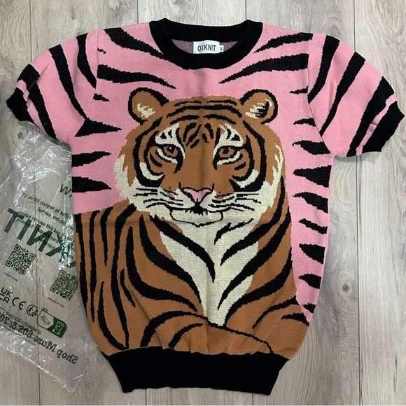 ✨NWT✨ Oxknit Pink Tiger Short Sleeve Sweater - Picture 1 of 5